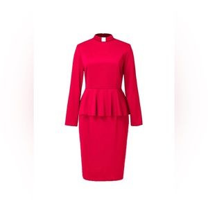 Red Clergy Dress Long Sleeve Ruffle Slim Pencil Dress Tab Insert Collar Large